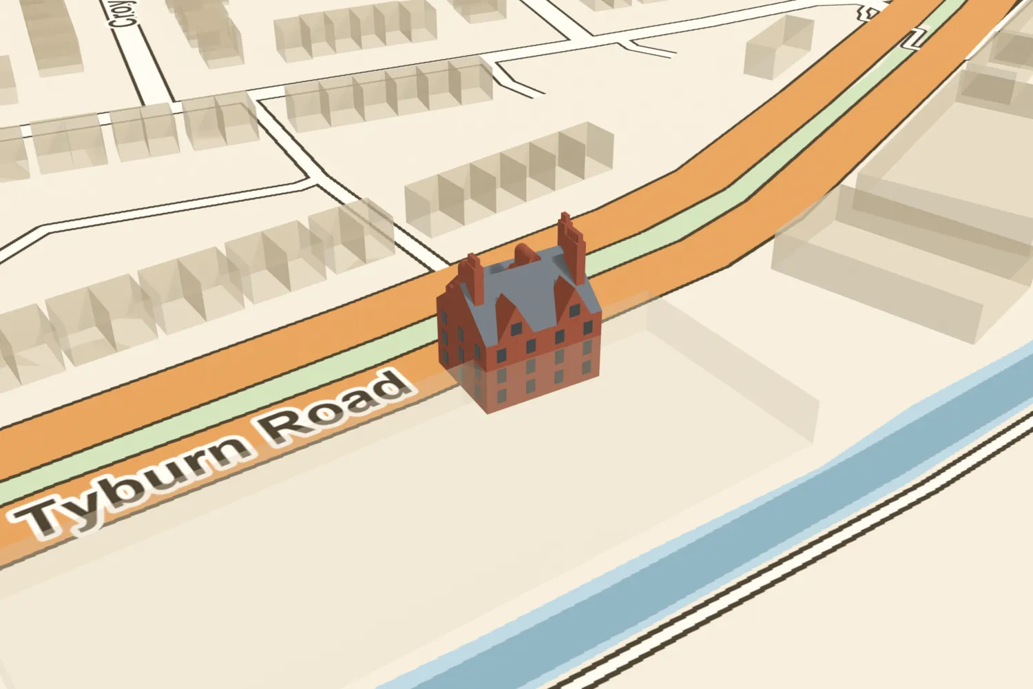 A 3D model of Erdington Hall, a three-storey brick house, placed on today’s Tyburn Road near Abbotts Road, Erdington