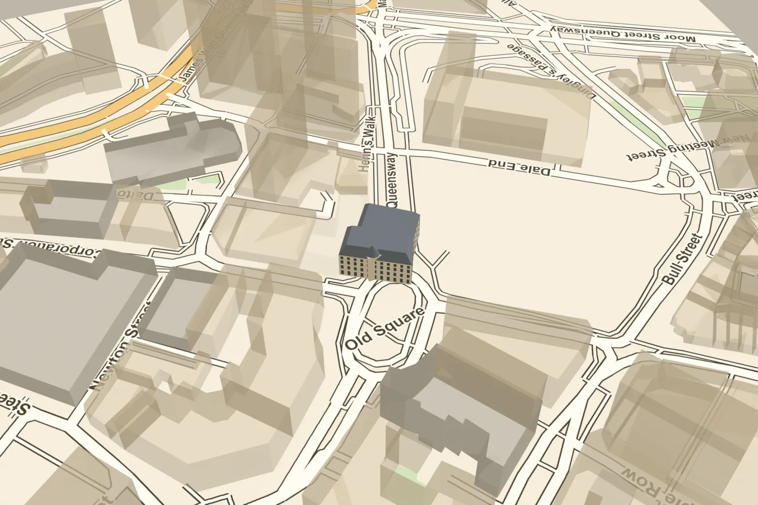 A 3D model of the Grand Theatre, a domed French Renaissance front, placed on today’s Corporation Street near Old Square