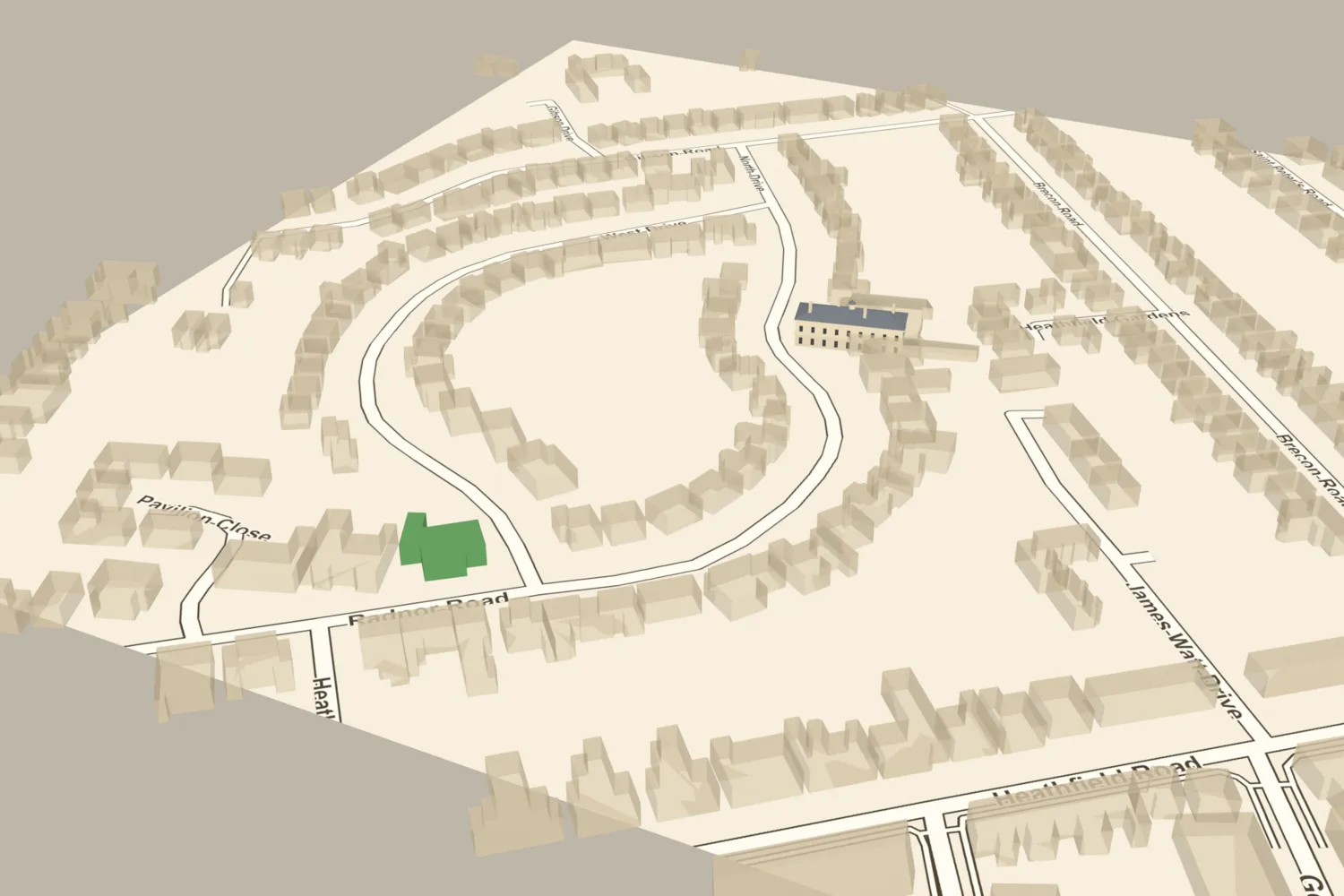 A 3D model of Heathfield Hall placed among today's houses on North Drive and West Drive, Handsworth, with the surviving lodge on Radnor Road