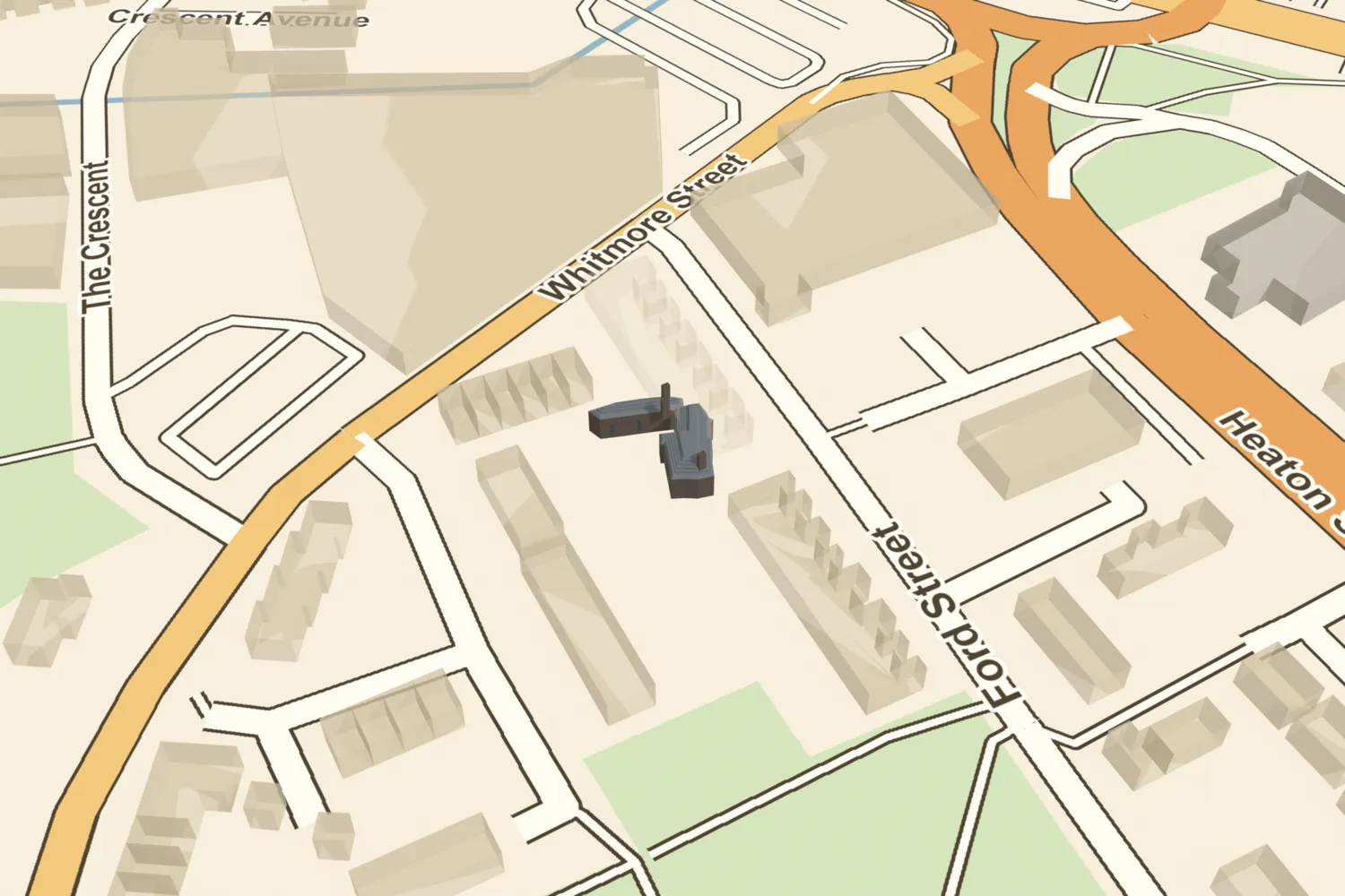 A 3D model of Hockley Abbey, a small dark sham-Gothic house of furnace slag, placed among today’s streets in Hockley