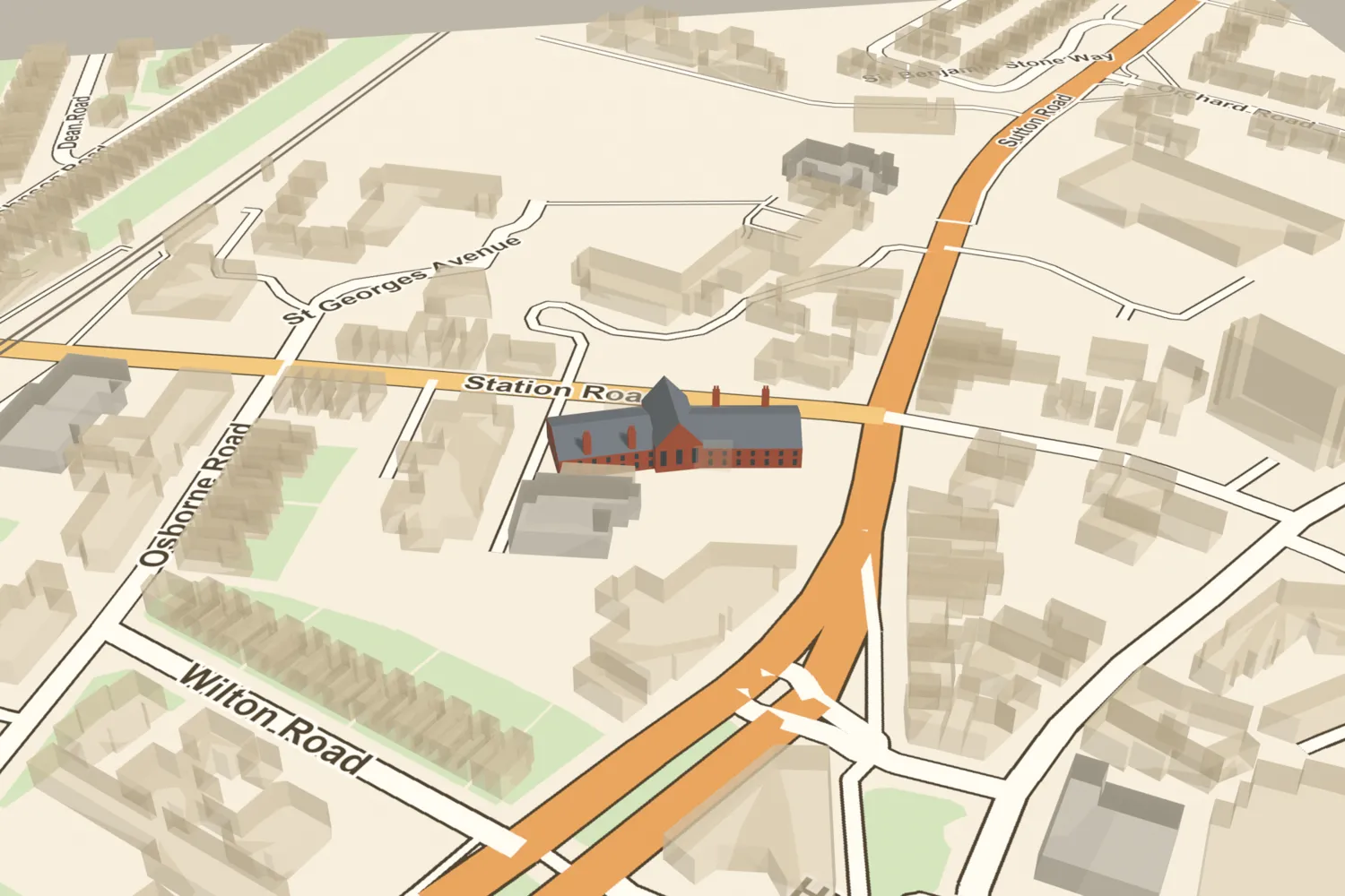 A 3D model of Josiah Mason’s two-storey brick almshouses placed beside today’s Station Road, Erdington