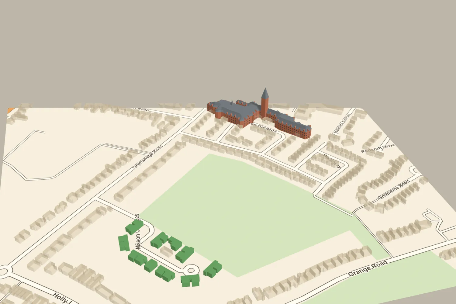 A 3D model of Sir Josiah Mason’s Orphanage, with its 200-foot tower, placed among today’s houses off Orphanage Road, Erdington, with Mason Cottages shown in green