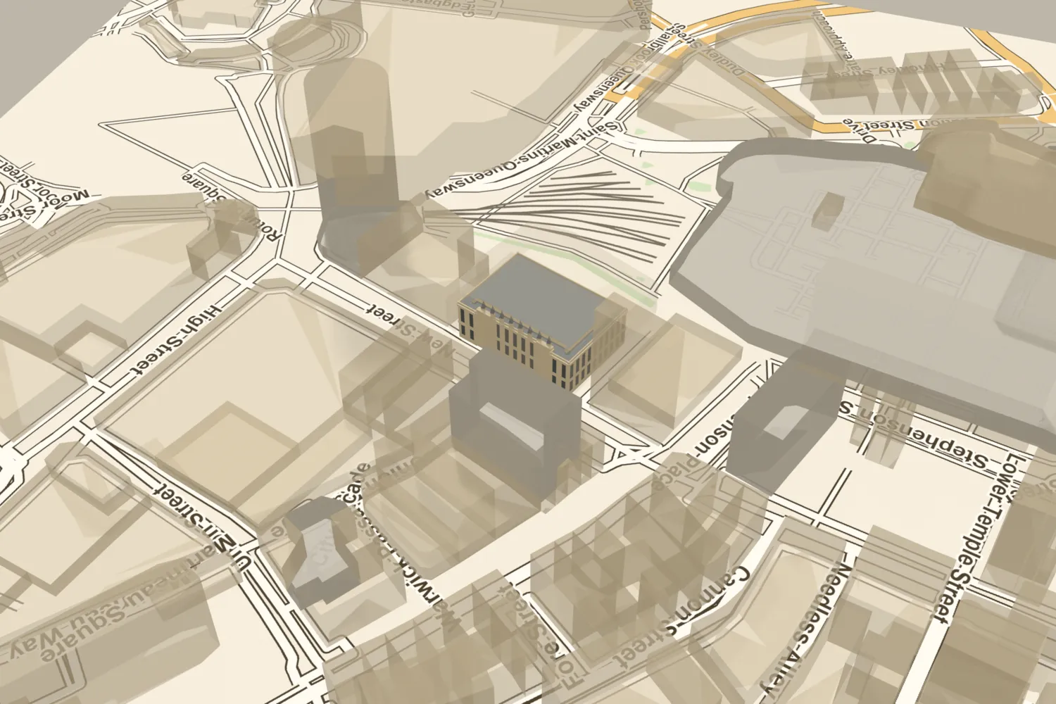 A 3D model of King Edward’s School, a long Gothic stone front with pinnacled buttresses, placed on today’s New Street where King Edward House and the Odeon stand