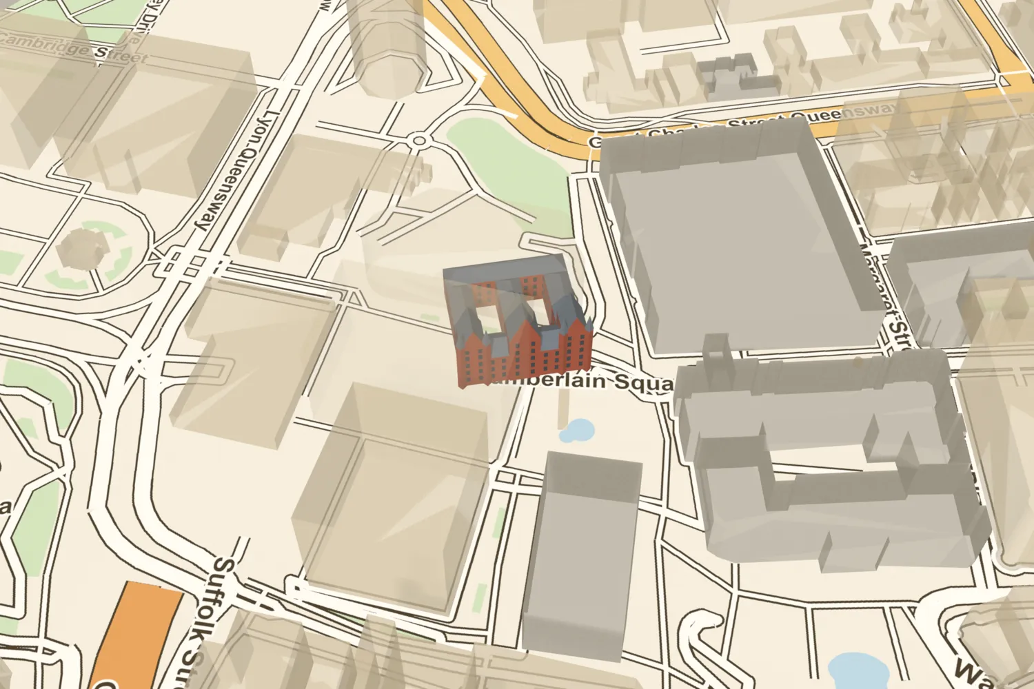 A 3D model of Mason College, a red-brick Gothic building facing Chamberlain Square, placed among today’s Paradise buildings in central Birmingham