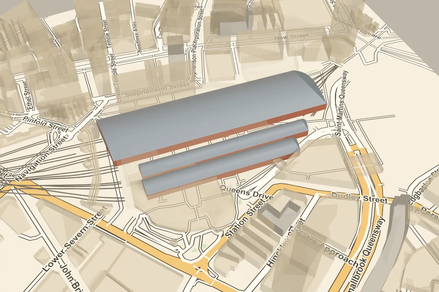 A 3D model of the Victorian New Street station with its great arched iron roof, placed under today’s Grand Central and New Street station