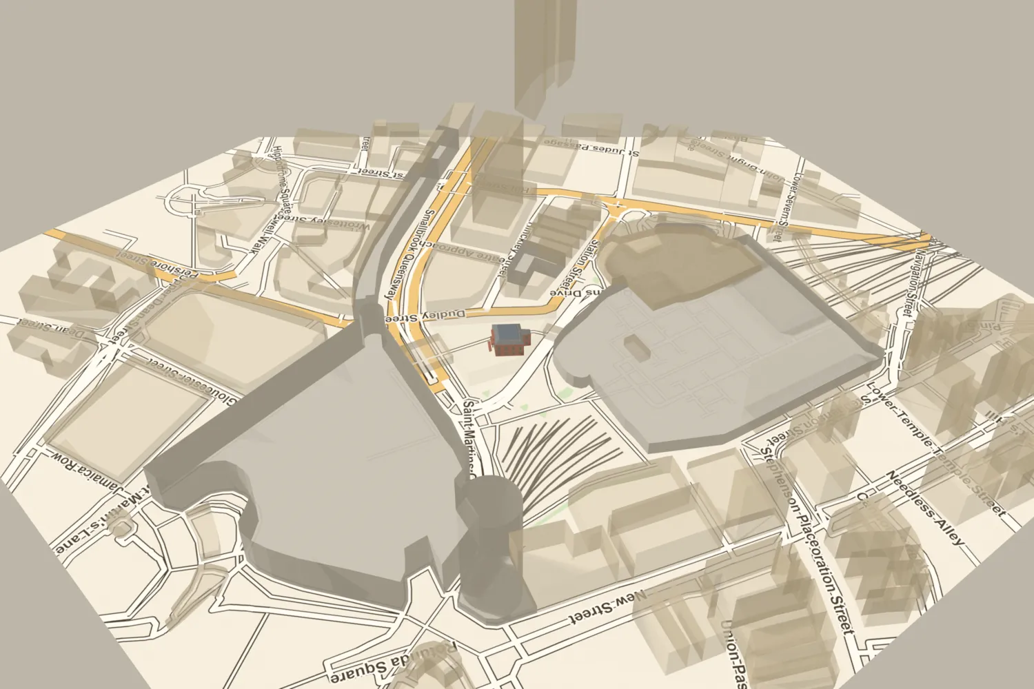 A 3D model of the Old Meeting House, a square brick chapel of 1795, placed under the south side of today’s New Street station