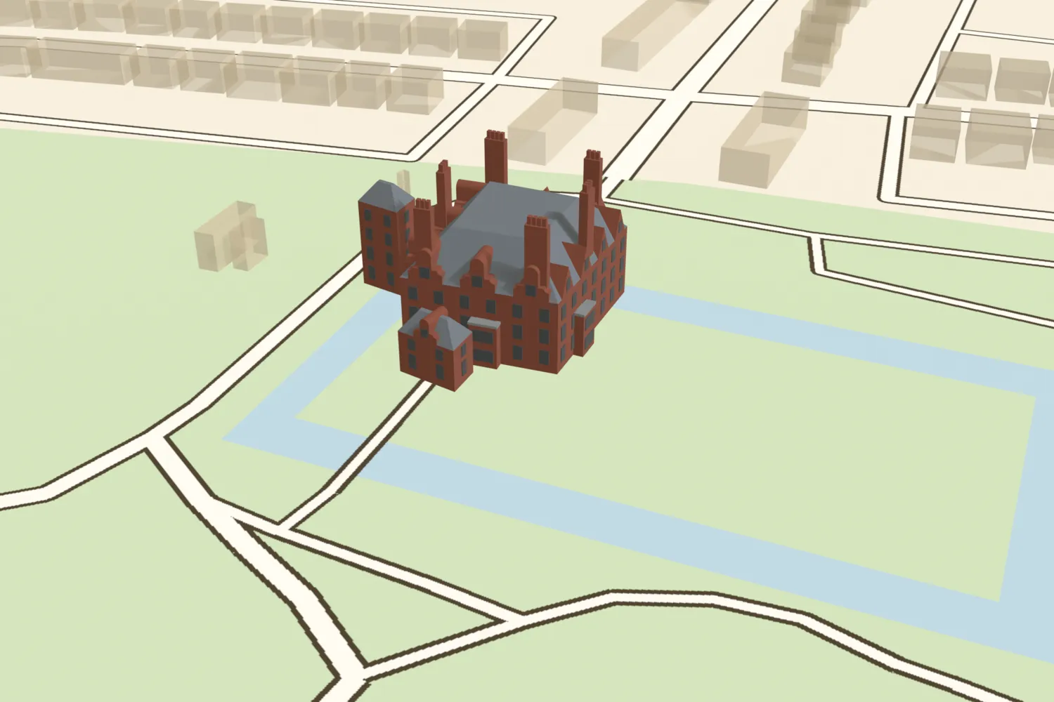 A 3D model of Perry Hall, a three-storey brick house with tall chimneys, on its moated island in today’s Perry Hall Park, Perry Barr