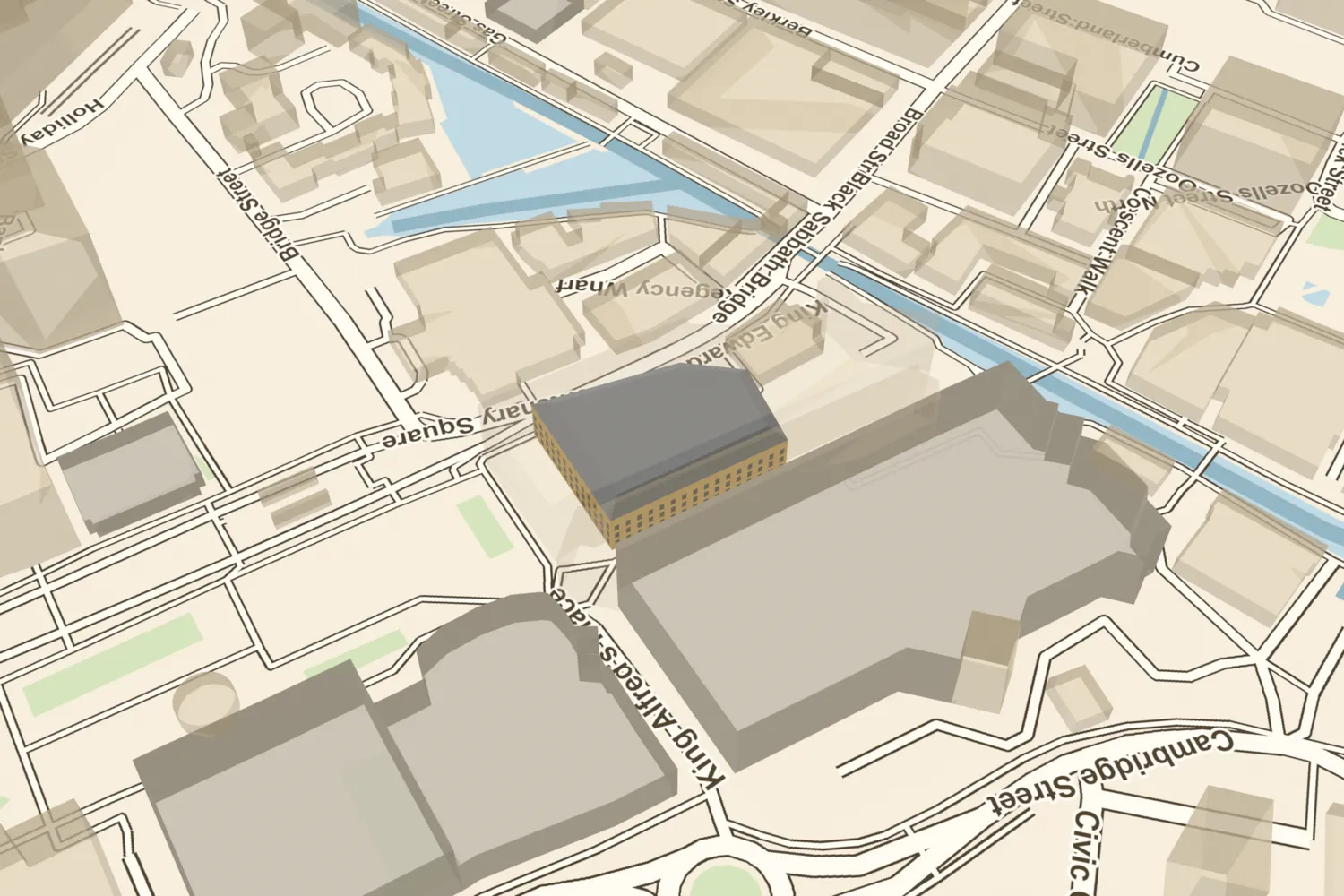 A 3D model of the Prince of Wales Theatre on Broad Street, placed where Symphony Hall and the International Convention Centre stand today