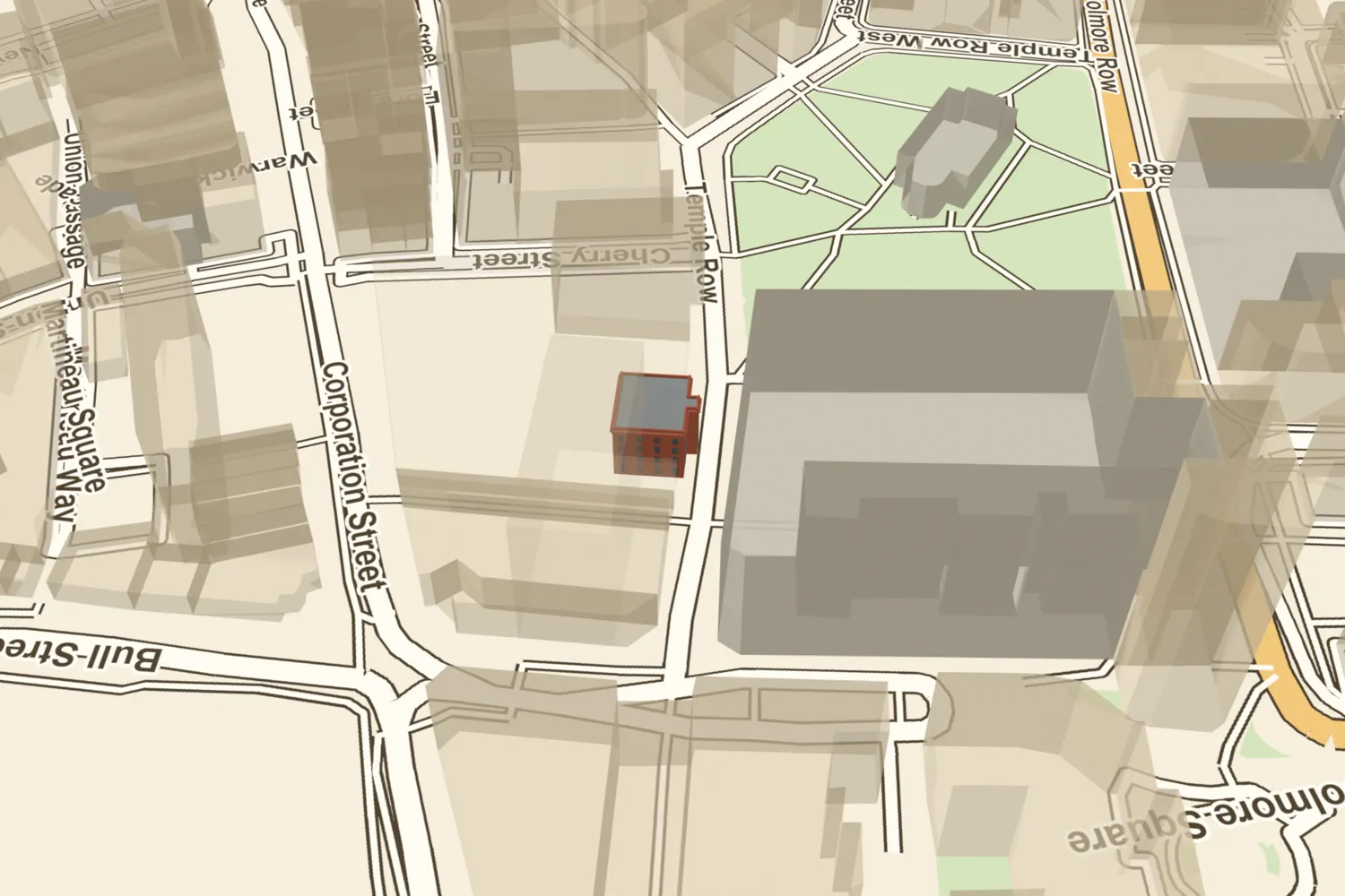 A 3D model of the Royal Hotel, a plain four-storey brick hotel, placed on today’s Temple Row facing St Philip’s Cathedral