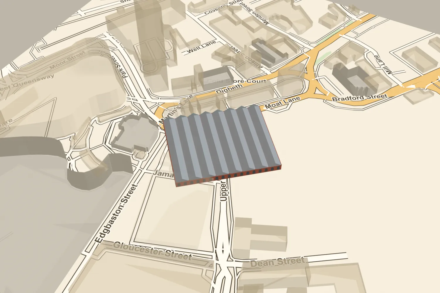 A 3D model of the covered Smithfield Market of 1883, rows of glazed roofs over brick walls, placed on today’s former markets site south of the Bullring