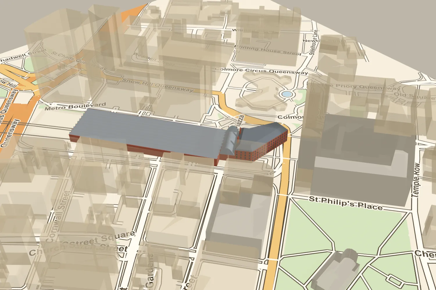 A 3D model of the old Snow Hill station placed among today’s Snow Hill buildings and Colmore Row