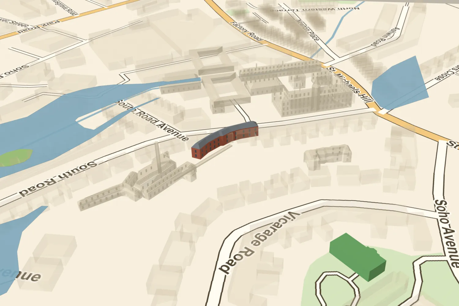 A 3D model of Boulton’s Soho works in about 1825 with the curved Latchet Building highlighted, behind today’s South Road, Handsworth