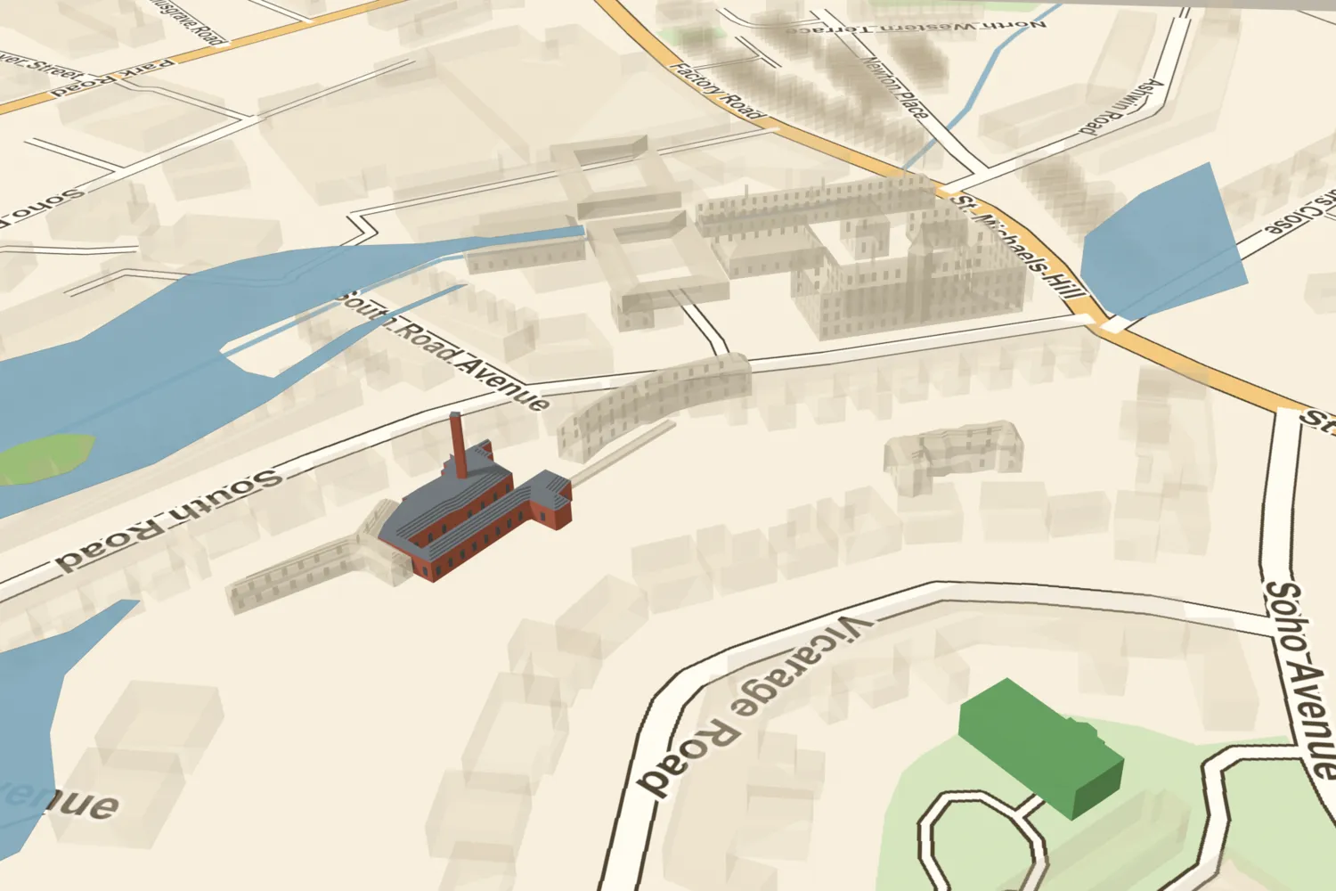 A 3D model of Boulton’s Soho works in about 1825 with the Mint highlighted, placed in the back gardens of today’s South Road, Handsworth