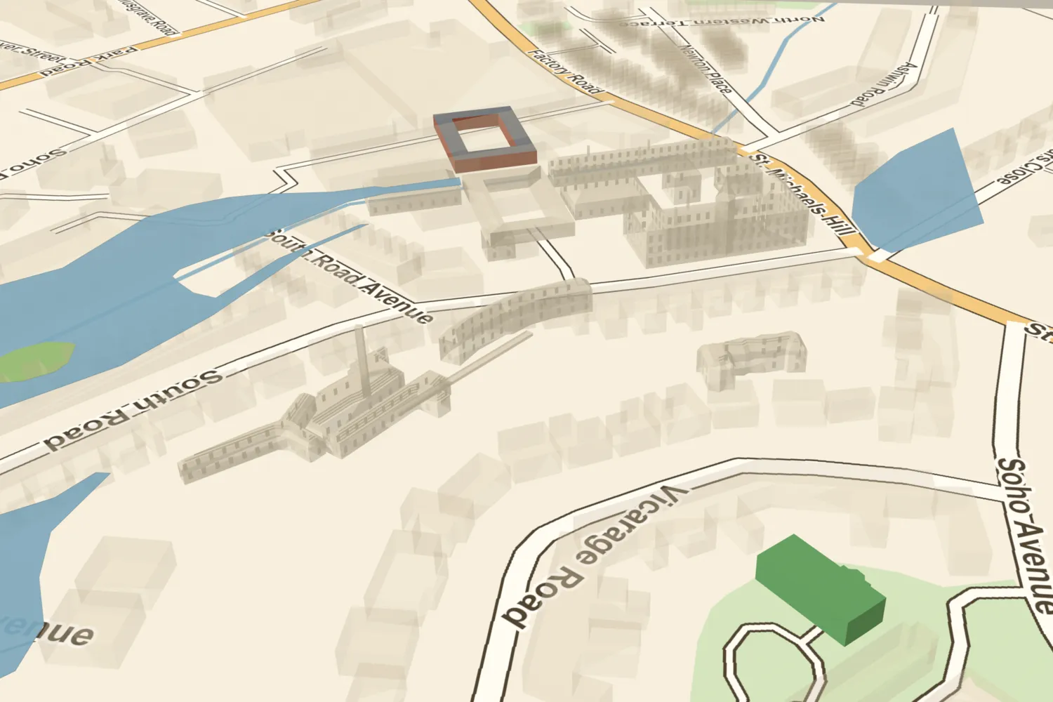 A 3D model of Boulton’s Soho works in about 1825 with the New Engine Yard highlighted, by today’s Factory Road, Handsworth