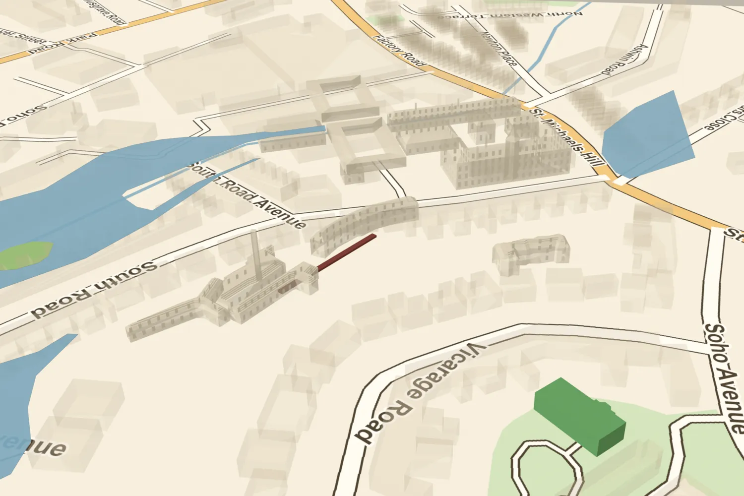A 3D model of Boulton’s Soho works in about 1825 with the line of the buried Mint drive-shaft tunnel highlighted, under the back gardens of South Road, Handsworth