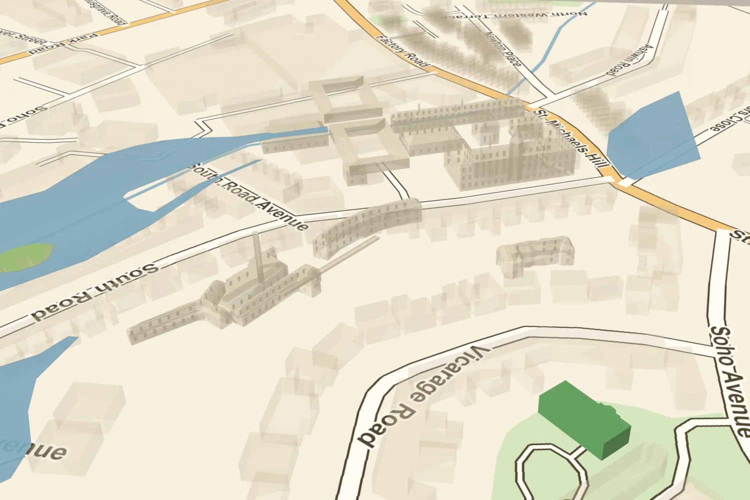 A 3D model of Boulton’s Soho works in about 1825 with its pools highlighted in blue, laid over today’s streets around Soho Pool Way, Handsworth