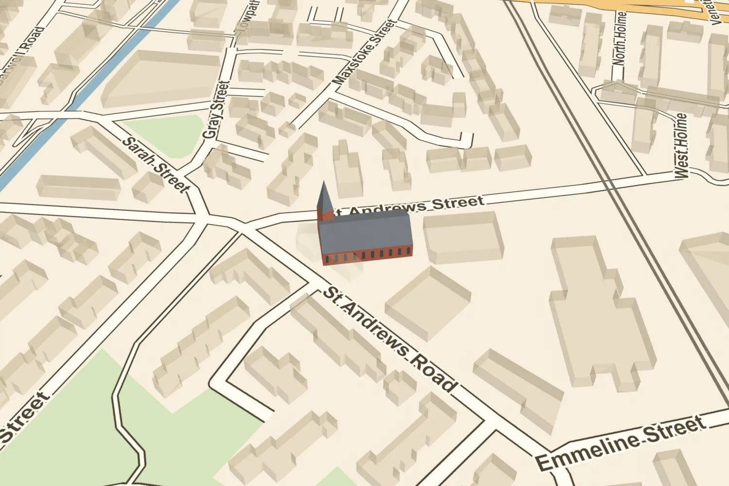 A 3D model of St Andrew’s, Bordesley, a steep-roofed sandstone church with a broach spire, placed among today’s streets near Bordesley