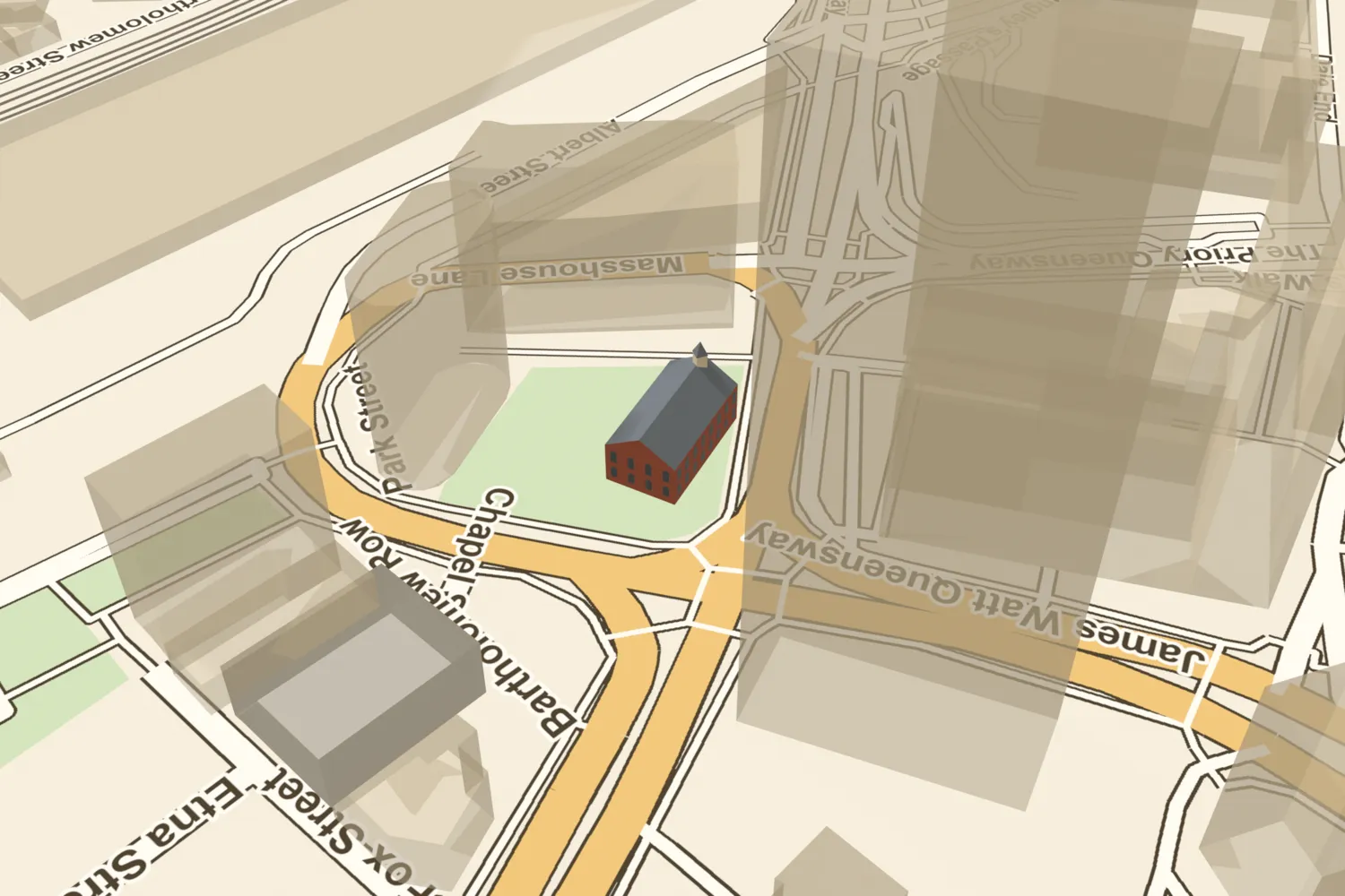 A 3D model of St Bartholomew’s, a Georgian brick church with a small clock turret, placed on today’s Masshouse site near Moor Street