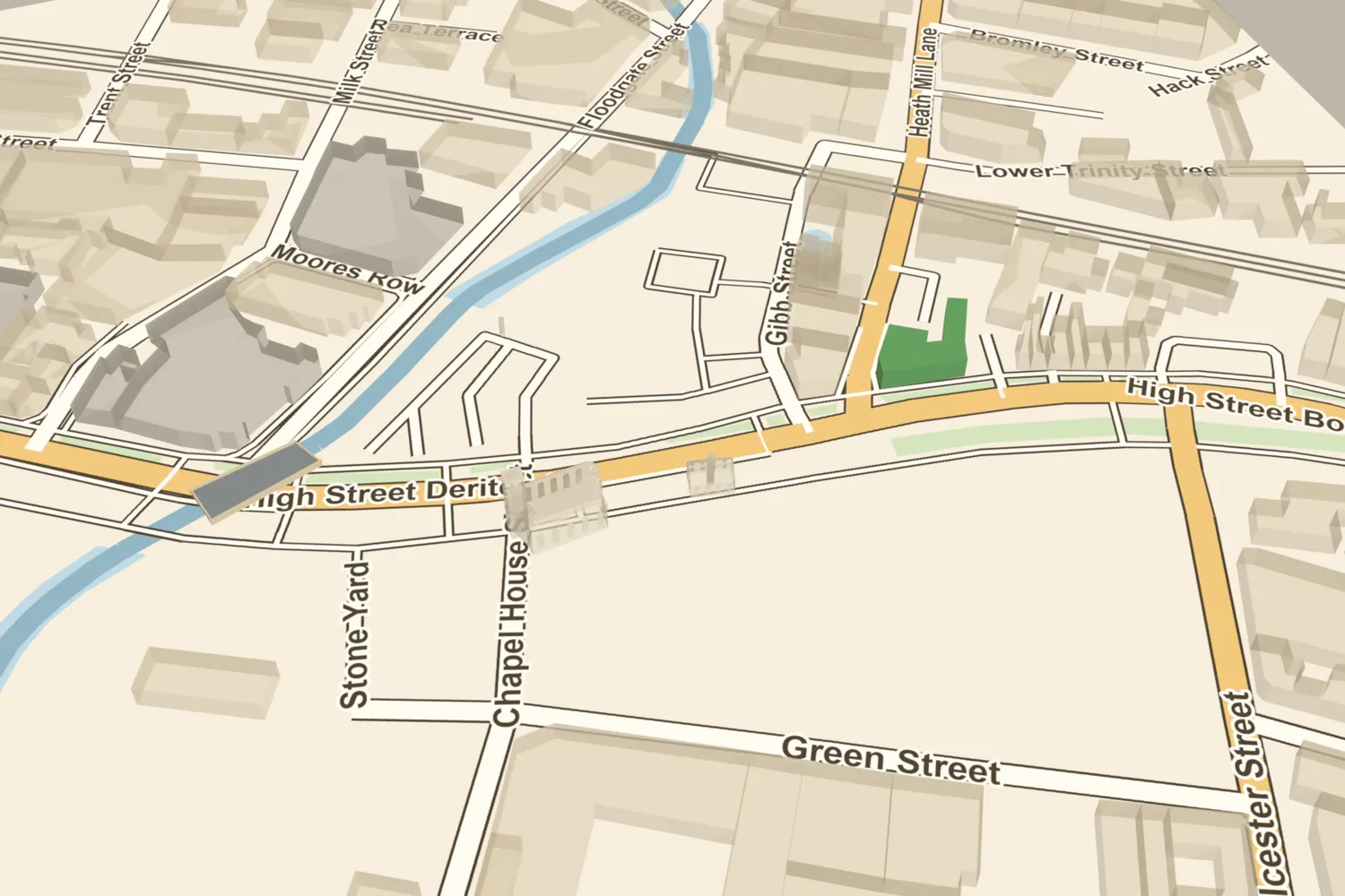 A 3D model marking Deritend Bridge, the old crossing of the River Rea, under today’s Digbeth High Street