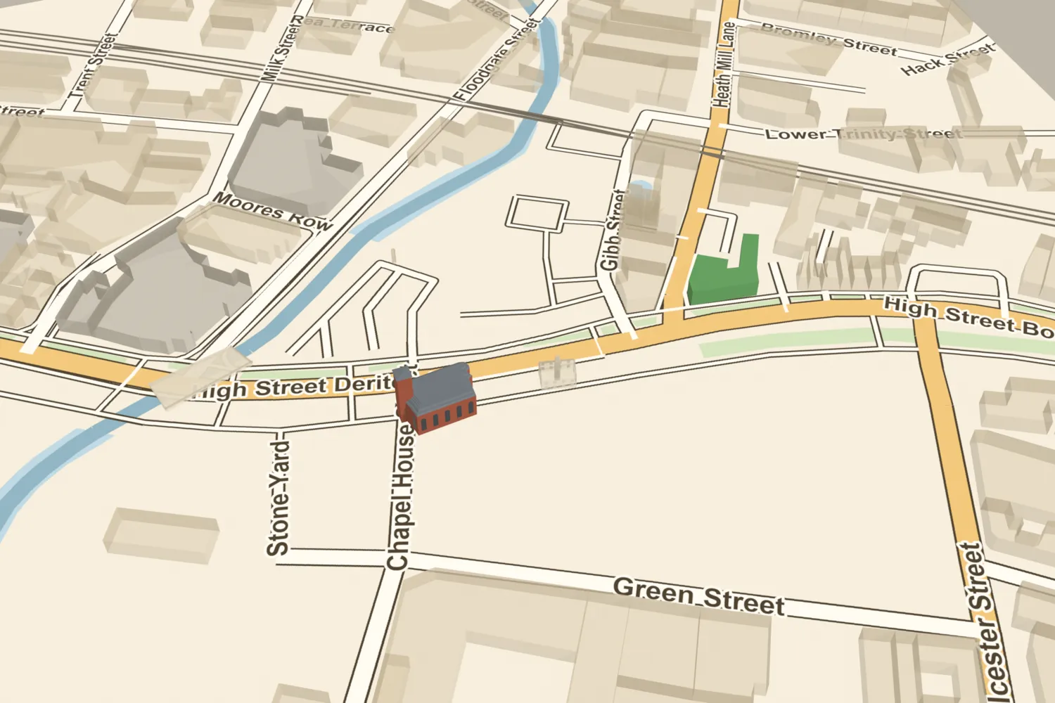 A 3D model of St John’s Chapel, Deritend, a brick chapel with a square tower, on today’s High Street Deritend, with the surviving Old Crown in green