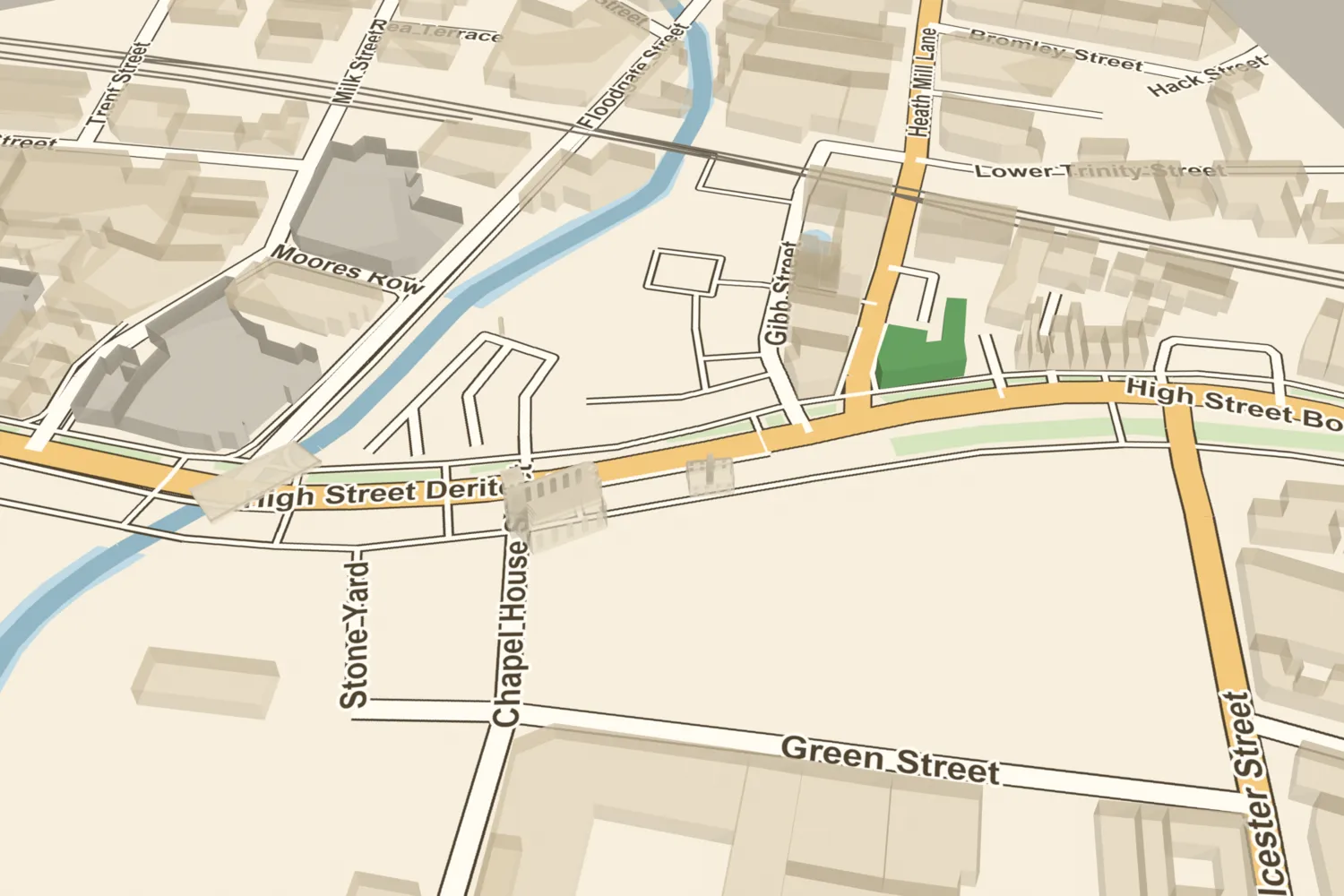A 3D model of the surviving Old Crown inn in green, with the lost St John’s Chapel and Golden Lion faded, on today’s High Street Deritend