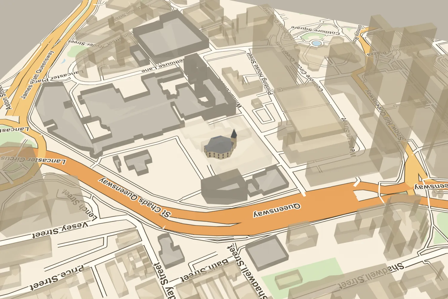 A 3D model of St Mary’s, Whittall Street, an octagonal church with a low pyramid roof and slender spire, placed beside today’s Birmingham Children’s Hospital