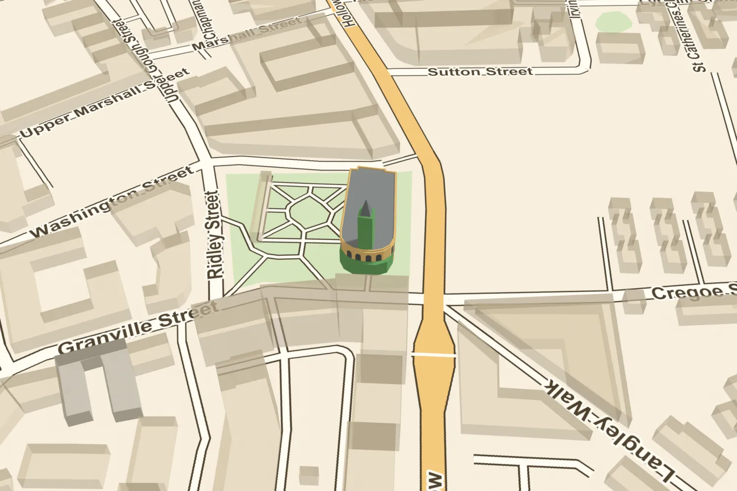 A 3D model of St Thomas’s church on Bath Row, its lost body in stone and its surviving tower and porticos in green, in today’s Peace Garden