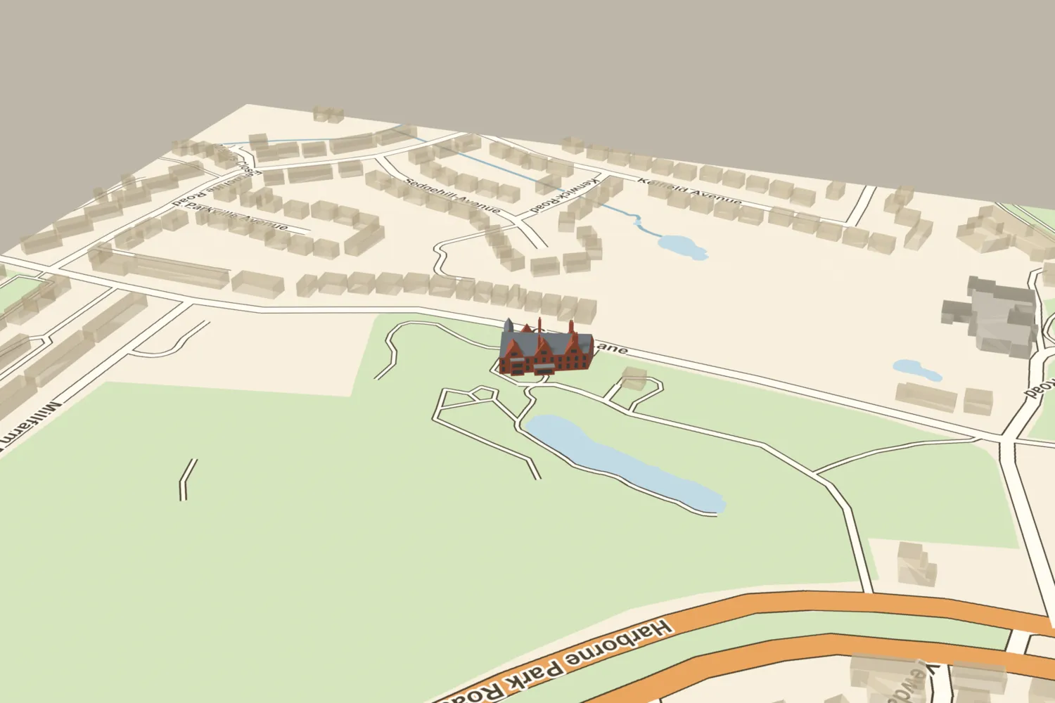 A 3D model of The Grove, a red-brick Victorian Gothic house, placed in today’s Grove Park beside Grove Lane, Harborne
