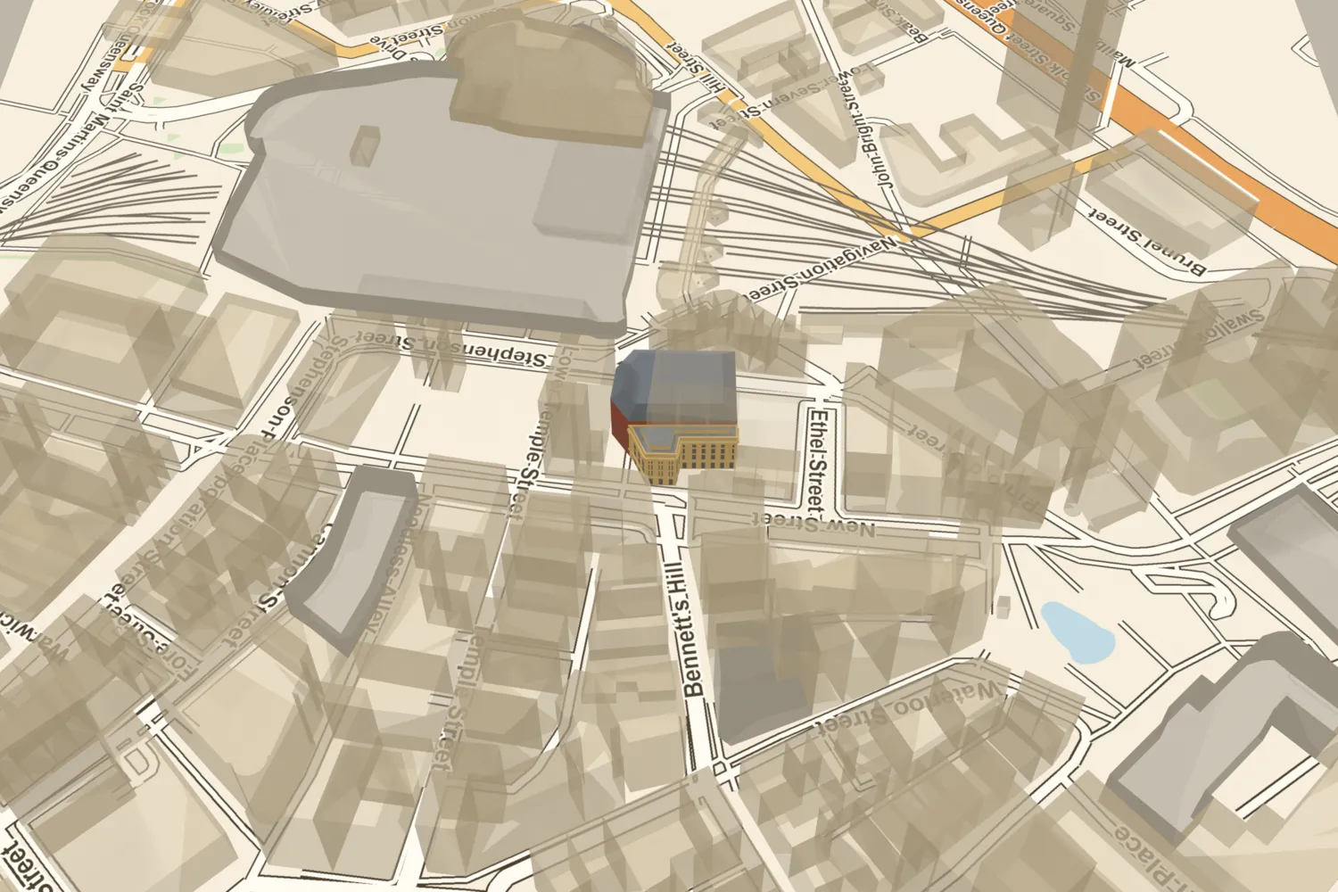 A 3D model of the Theatre Royal, with its white stone front on New Street, placed among today’s New Street buildings opposite Bennetts Hill