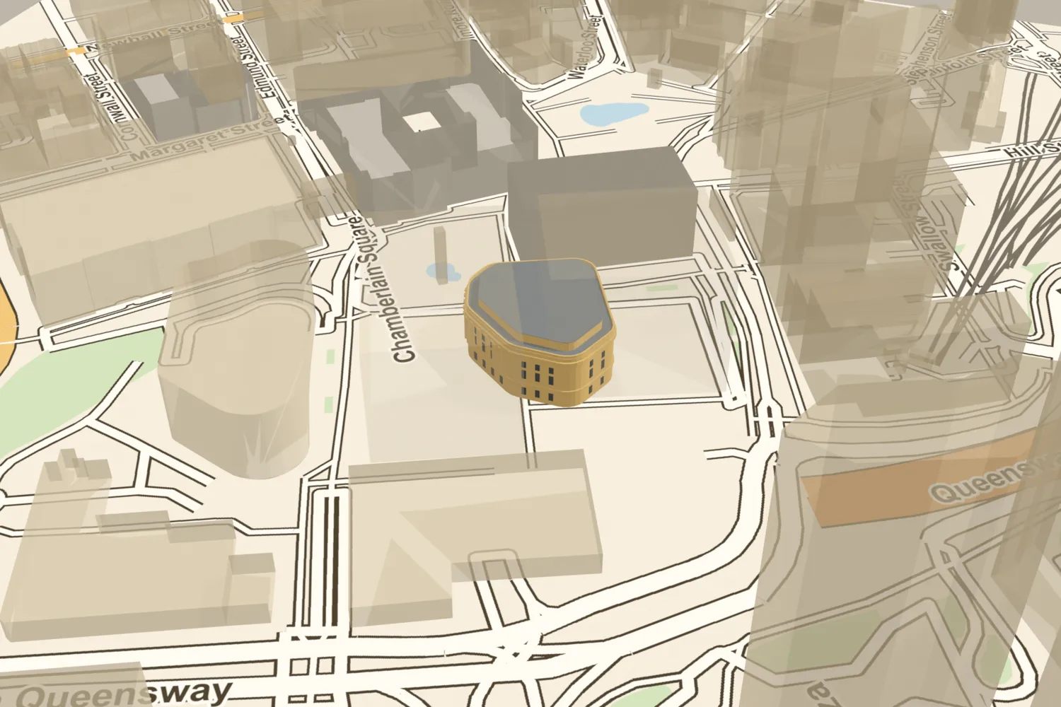 A 3D model of Birmingham’s Victorian Central Library, a classical stone building with a curved corner, placed among today’s Paradise buildings by Chamberlain Square