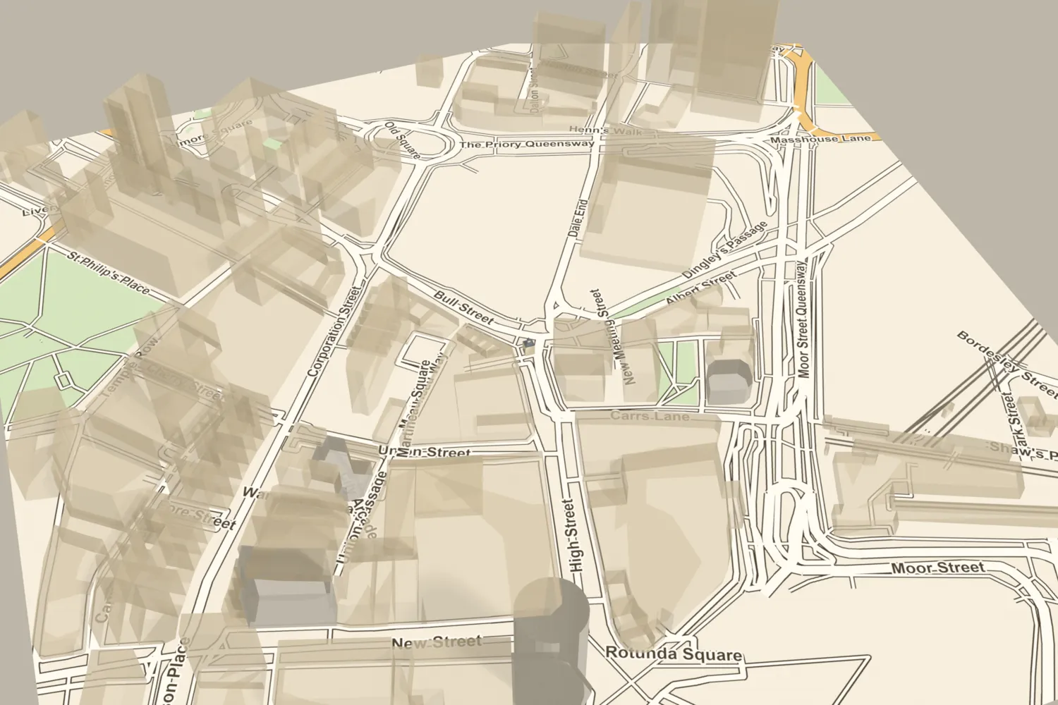 A 3D model of the Welsh Cross, a small two-storey market house with a clock turret, placed at today’s junction of Bull Street and Dale End